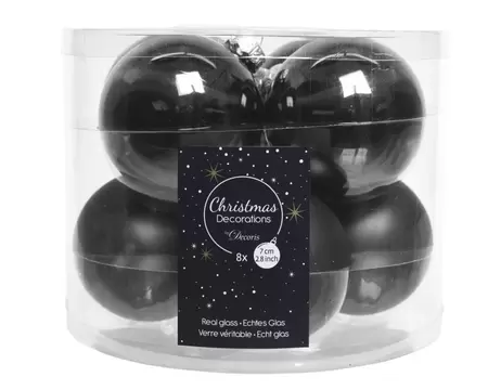 Kerstbal glas 8 stuks 70 mm Zwart