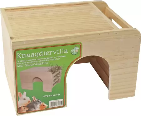 Knaagdiervilla hout met groenvoerruif large 30,5x21x19 cm