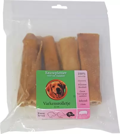 Natuurlijke snack varken, zak met 4 varkensrolletjes van 12 cm.