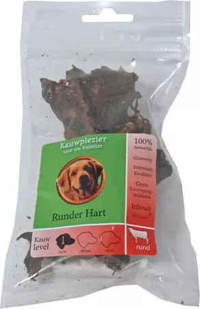 Natuurlijke hondensnacks rund, zak runder hart 60 gram.