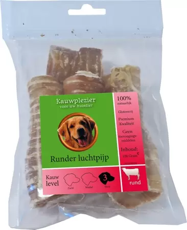 Natuurlijke hondensnacks rund, zak runder luchtpijp 100 gram.